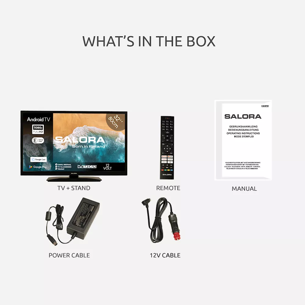Salora 32MBA300 LED Android Smart Televisie met 220 Volt en 12 Volt aansluiting